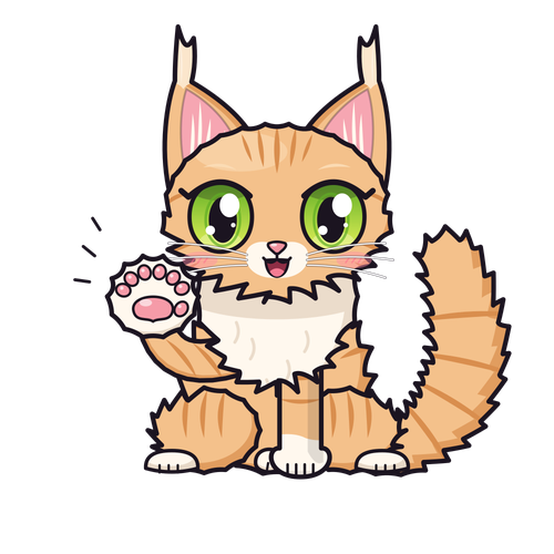 Disegno a fumetti di Cookie: Maine Coon maschio tigrato rosso che saluta con una zampa con dita in più