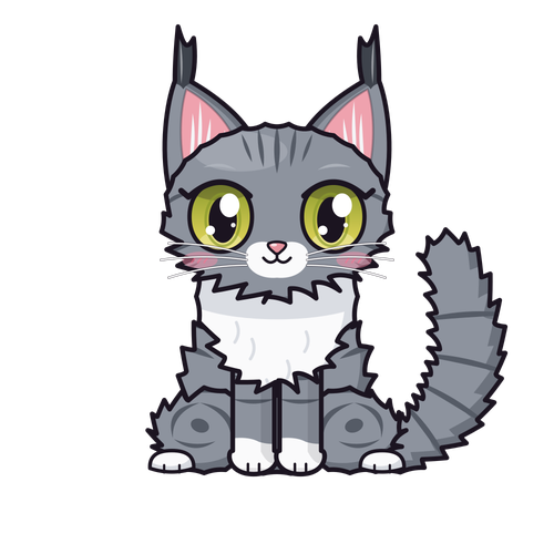 Disegno a fumetti di Runtz: Maine Coon maschio grigio con petto bianco