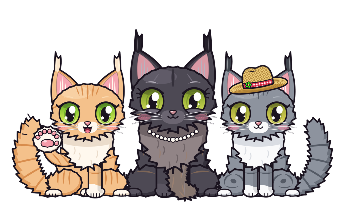 Disegno a fumetti: tre gatti Maine Coon uno accanto all’altro – Cookie (tigrato rosso, saluta), Haze (nera, con collana di perle) e Runtz (grigio con petto bianco e cappello di paglia)